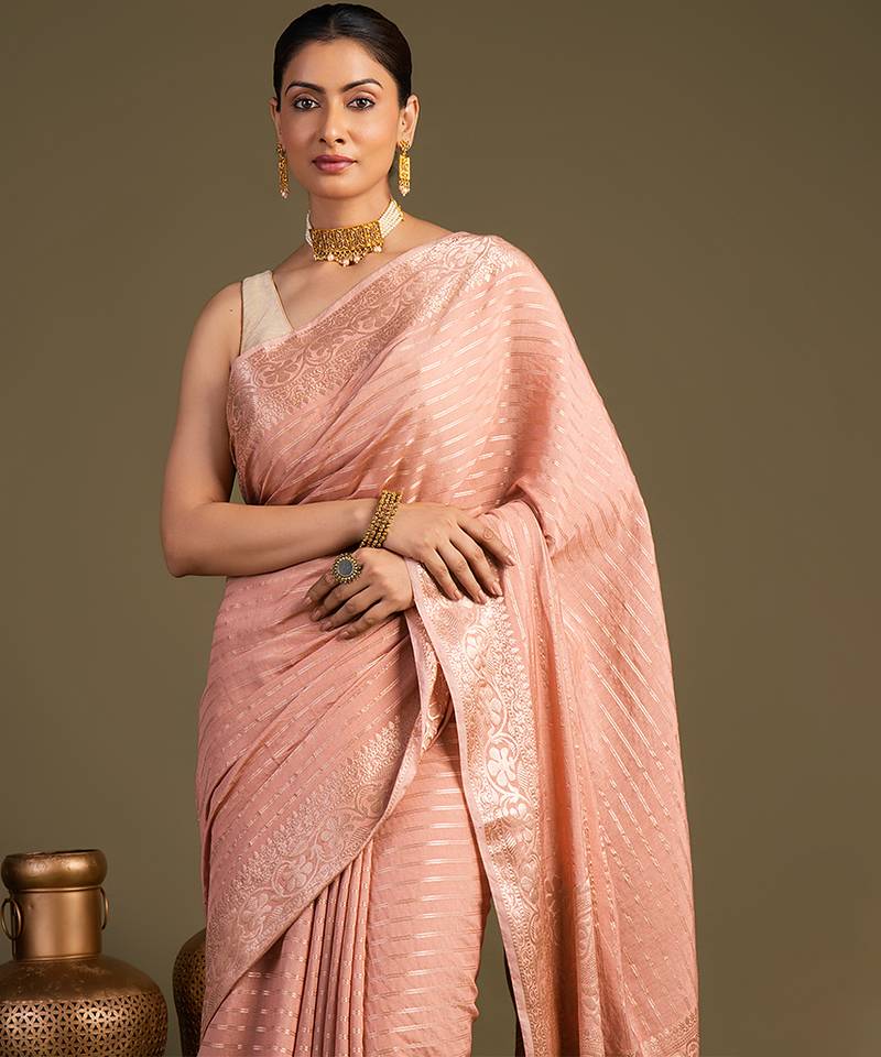 Peach handloom banarasi silk saree