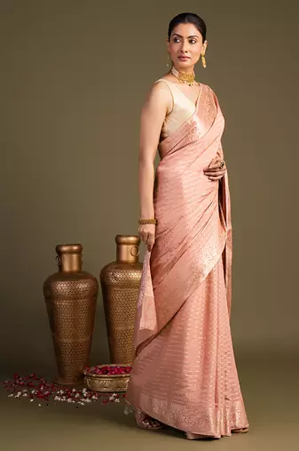 peach handloom banarasi silk saree with elegant woven motifs
