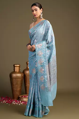 blue handloom pure silk saree with elegant woven design