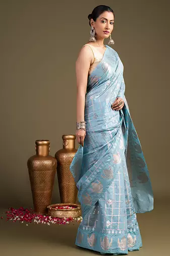 blue handloom pure silk saree with elegant woven design
