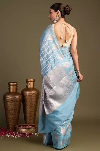 blue handloom pure silk saree with elegant woven design