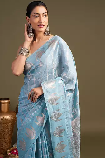 blue handloom pure silk saree with elegant woven design
