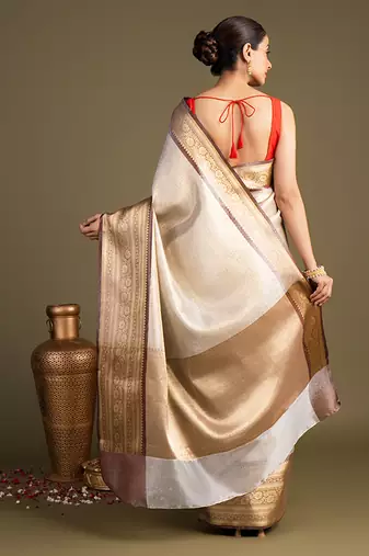 ivory handloom banarasi silk saree with rich zari border