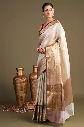 ivory handloom banarasi silk saree with rich zari border