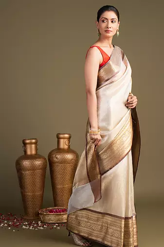 ivory handloom banarasi silk saree with rich zari border