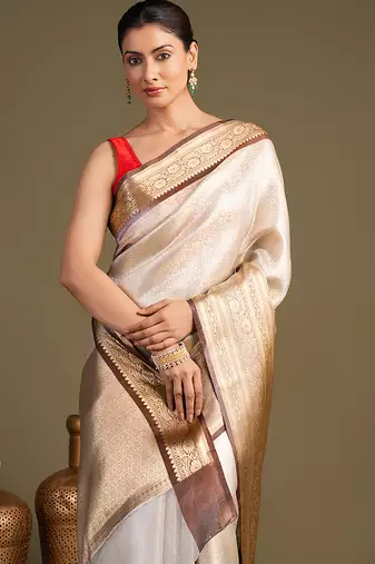 ivory handloom banarasi silk saree with rich zari border