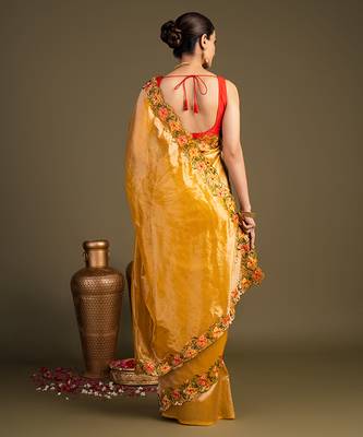 yellow handloom pure tissue silk saree with floral border 2