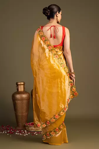 yellow handloom pure tissue silk saree with floral border
