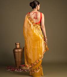 yellow handloom pure tissue silk saree with floral border