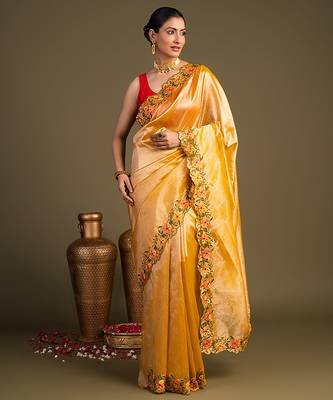 yellow handloom pure tissue silk saree with floral border 1