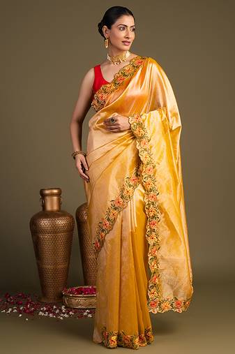 Yellow handloom pure tissue silk saree