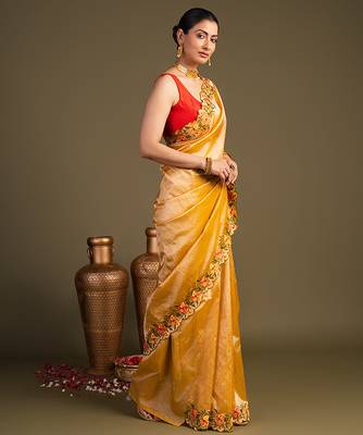 yellow handloom pure tissue silk saree with floral border 3