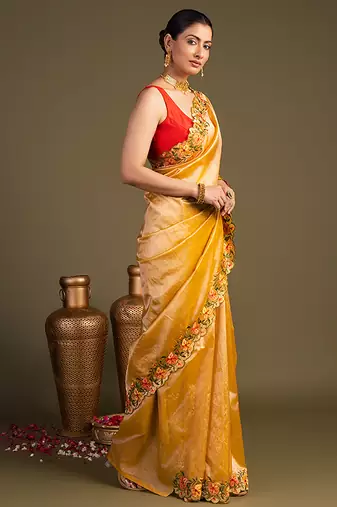yellow handloom pure tissue silk saree with floral border