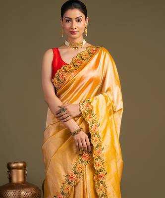 yellow handloom pure tissue silk saree with floral border 4