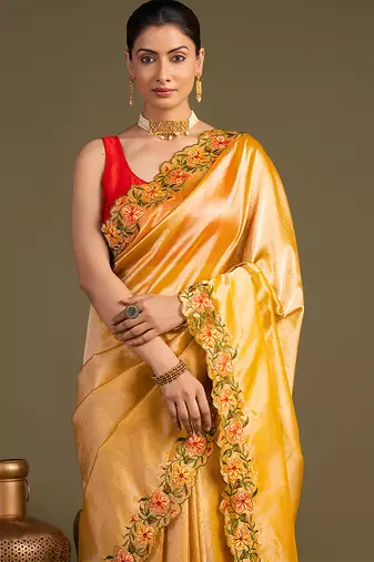 yellow handloom pure tissue silk saree with floral border