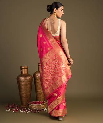 pink handloom pure silk saree with elegant zari border 2