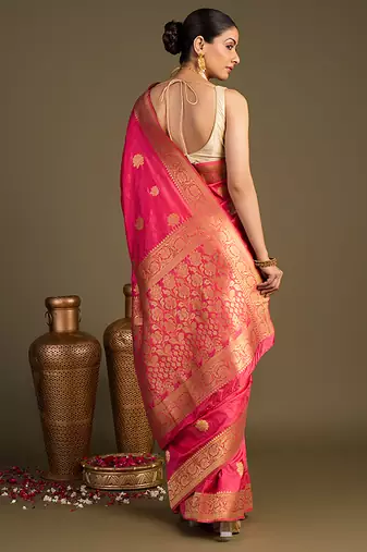 pink handloom pure silk saree with elegant zari border