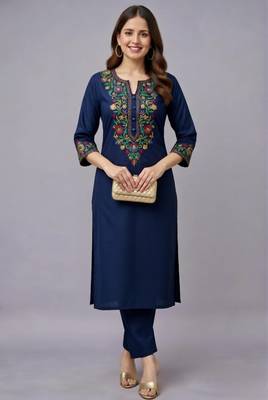 Navy embroidered rayon kurta set 3