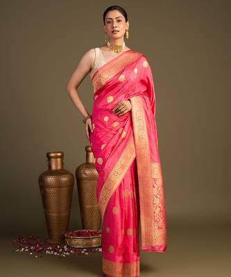 pink handloom pure silk saree with elegant zari border 1