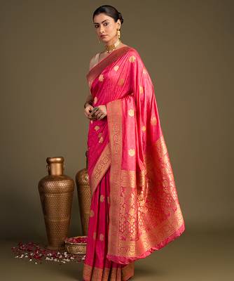pink handloom pure silk saree with elegant zari border 3
