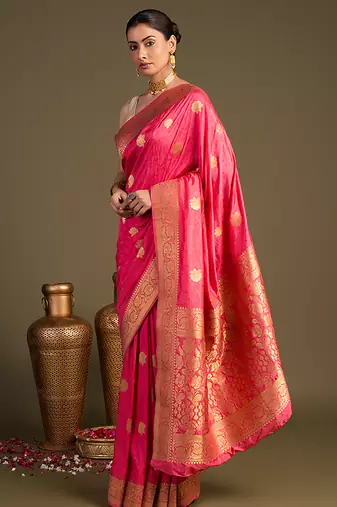 pink handloom pure silk saree with elegant zari border
