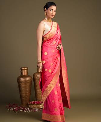 pink handloom pure silk saree with elegant zari border 4