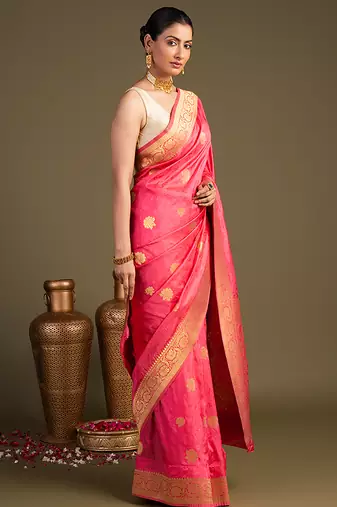 pink handloom pure silk saree with elegant zari border