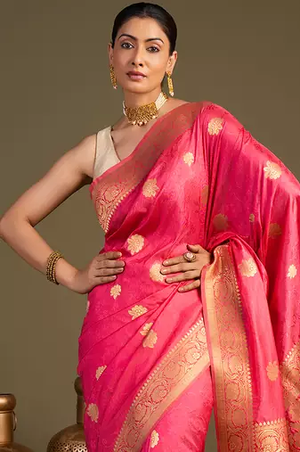 pink handloom pure silk saree with elegant zari border
