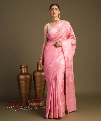 baby pink handloom pure silk saree with zari detailing 1