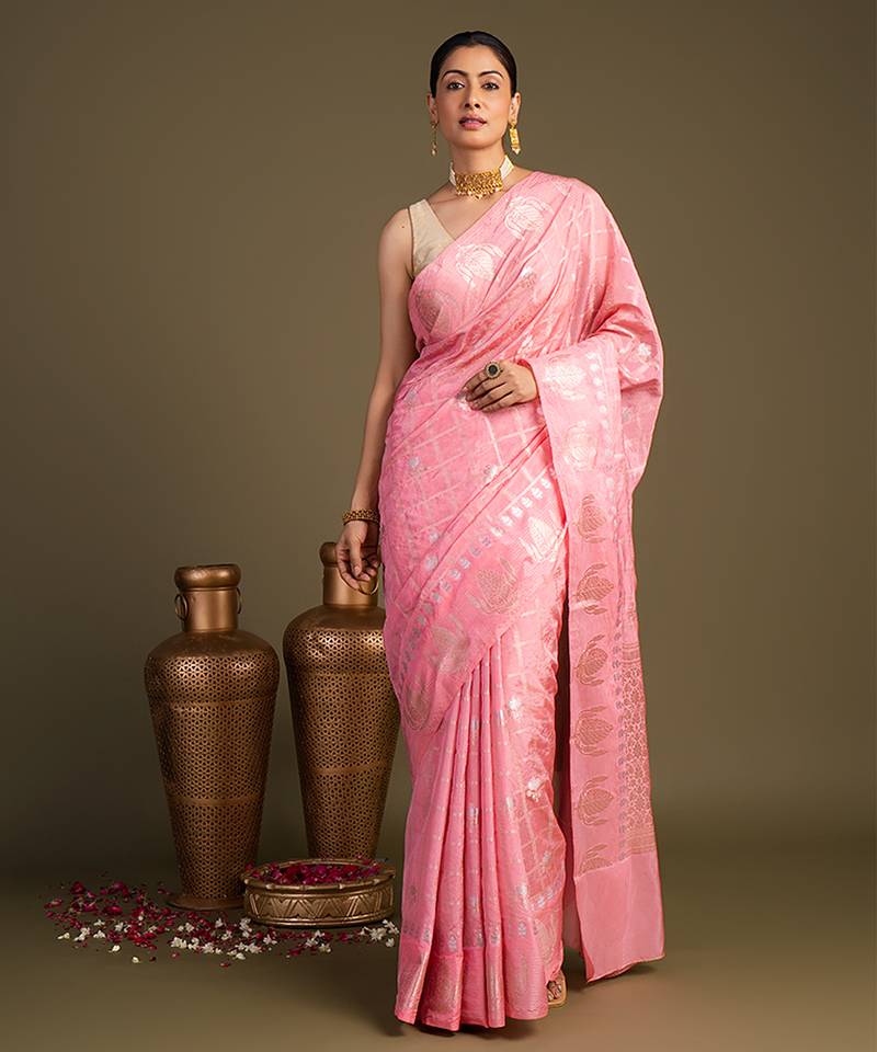 Baby pink handloom pure silk saree