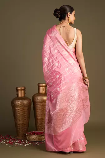 baby pink handloom pure silk saree with zari detailing