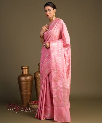 baby pink handloom pure silk saree with zari detailing 3