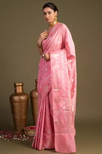 baby pink handloom pure silk saree with zari detailing