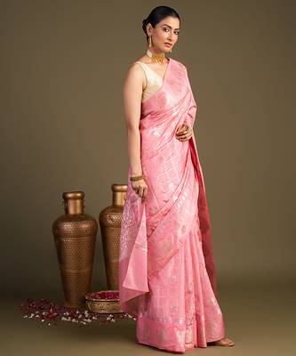 baby pink handloom pure silk saree with zari detailing 4