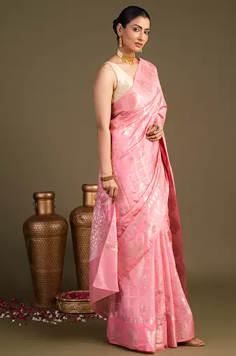 baby pink handloom pure silk saree with zari detailing