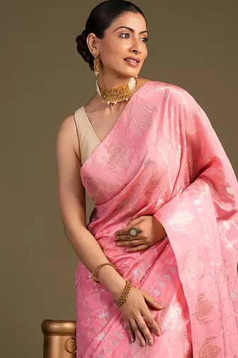 baby pink handloom pure silk saree with zari detailing