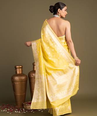 yellow handloom banarasi silk saree with zari work 2