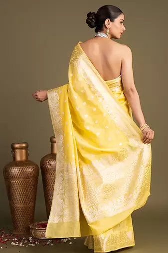 yellow handloom banarasi silk saree with zari work