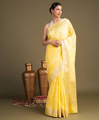 yellow handloom banarasi silk saree with zari work 1