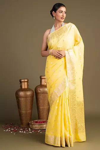 Yellow handloom banarasi silk saree