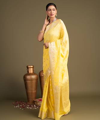 yellow handloom banarasi silk saree with zari work 3