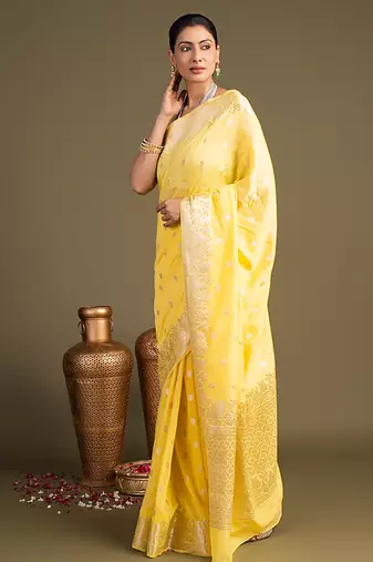 yellow handloom banarasi silk saree with zari work