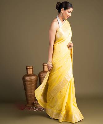 yellow handloom banarasi silk saree with zari work 4
