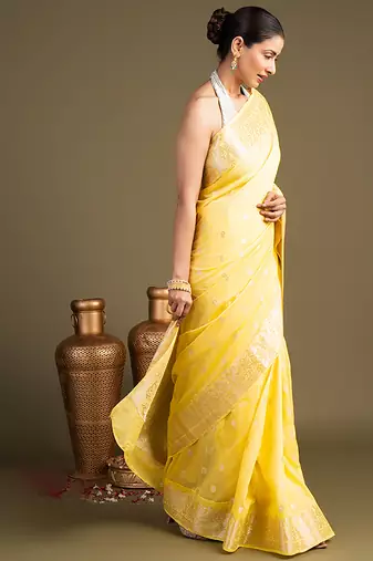 yellow handloom banarasi silk saree with zari work