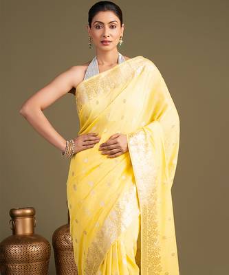 yellow handloom banarasi silk saree with zari work 5
