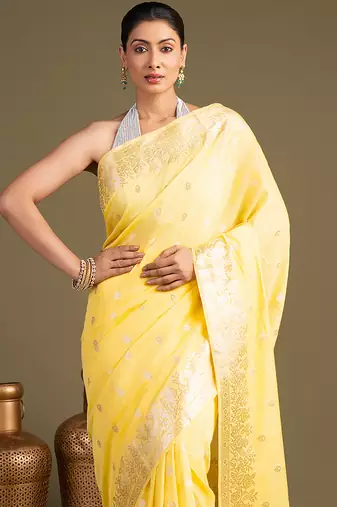 yellow handloom banarasi silk saree with zari work