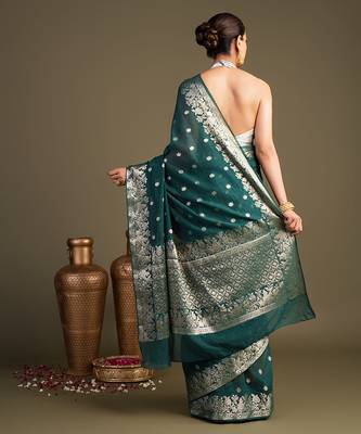 teal blue handloom pure silk saree with zari border 2