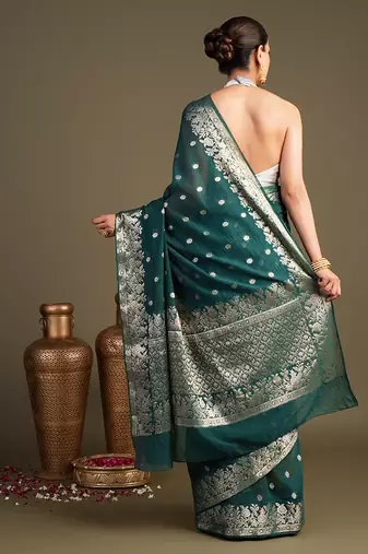 teal blue handloom pure silk saree with zari border