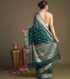 teal blue handloom pure silk saree with zari border