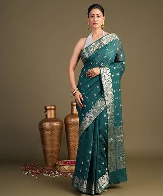 teal blue handloom pure silk saree with zari border 1